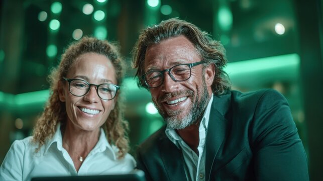 Two smiling professionals engage in a light-hearted discussion while working on a digital tablet, embodying the spirit of teamwork and collaboration in a modern business environment. - Powered by Adobe