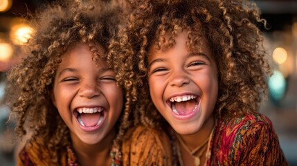 Fototapeta premium Two laughing children with curly hair share a joyful moment outdoors, capturing the essence of childhood happiness and carefree spirit in a vibrant setting.