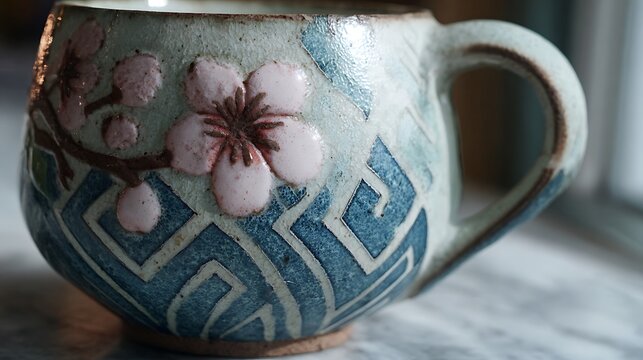 Beautiful ceramic cup adorned with blooming flowers and geometric pattern on blue background, handmade pottery with floral design - Powered by Adobe