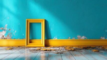 A striking image of an empty yellow frame leaning against a vibrant turquoise wall, emphasizing a sense of solitude and artistic potential in a beautifully worn environment.