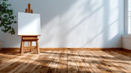 An empty canvas on a wooden easel in a bright, sunlit room, inviting creativity and artistic expression in a simple yet inspiring environment for any artist.