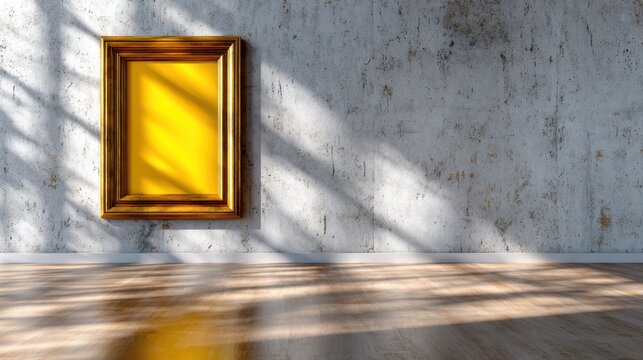 A striking yellow-framed canvas hung on a gray wall in a sunlit art studio, showcasing the interaction of light and shadow in a minimalist creative environment.