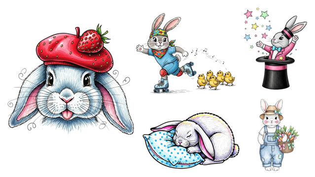 Cute illustrated Easter bunnies enjoying various activities like roller skating, sleeping, and performing magic tricks, surrounded by chicks and spring elements