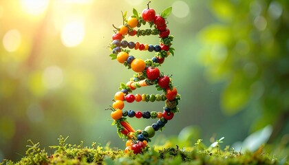 A vibrant depiction of a DNA double helix crafted from fresh, healthy food elements