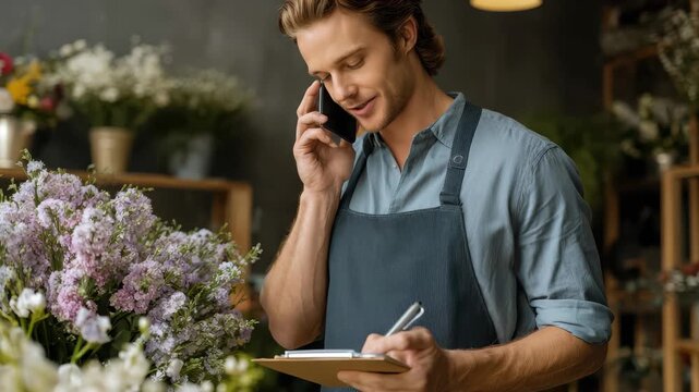 Happy businessman enjoys conversation on cellphone while taking notes in a flower shop during daytime, surrounded by beautiful blooms and a warm atmosphere