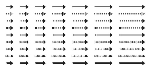 A collection of various black arrow icons in different styles and sizes. Variety of Arrow Designs Vector Collection Pointing Right Different Styles and Directions.