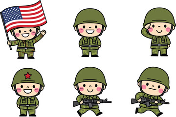 Cute cartoon soldier characters, military mascot illustration, army kids style, patriotic uniform poses, playful defense force design set