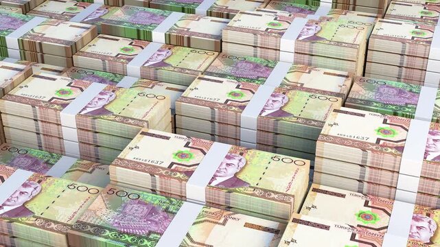 Turkmenistan 500 Manat Banknote Horizontal 3D Animation ? Financial Money Flow, Business, Banking, Economy Growth and Currency Exchange Visualization