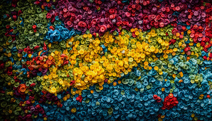 Colorful abstract background with round textured shapes in vibrant red, yellow, and blue tones.