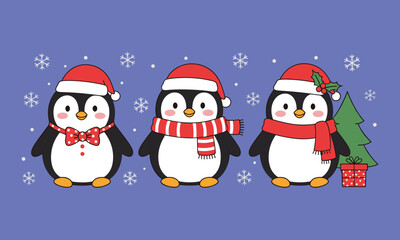 Christmas penguins illustration, festive holiday cartoon, Santa hat characters, winter snowflakes background, Christmas tree decoration, gift box, cheerful seasonal artwork