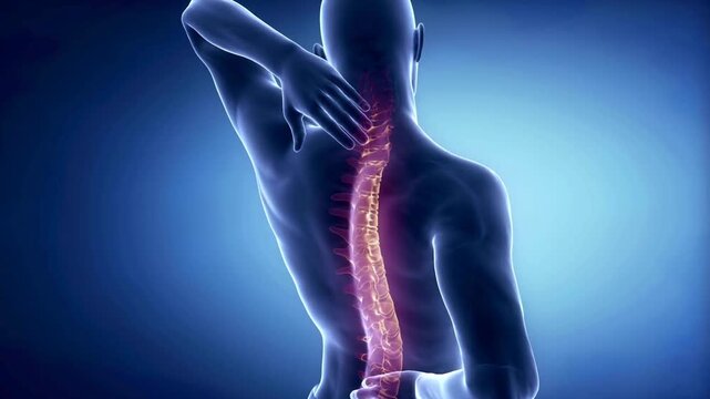 3D Medical Animation of a Man Experiencing Severe Neck and Lower Back Pain with Spine Highlighted in Red and Orange