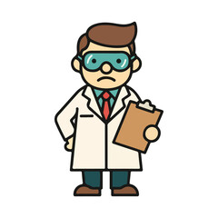 Professional male scientist character icon with lab coat, safety goggles, holding a clipboard