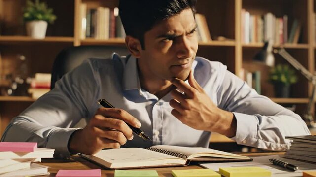A focused man writes at a cluttered desk, surrounded by notebooks, books, and sticky notes. in work
