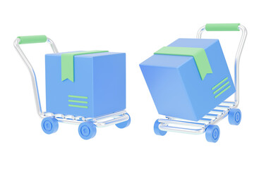 A 3D icon of a shopping cart carrying a delivery box, representing online shopping and delivery services.