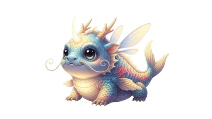 Obraz premium Cute Baby Fantasy Creature Illustration with Tiny Wings and Dragon Horns isolated PNG with Transparent Background