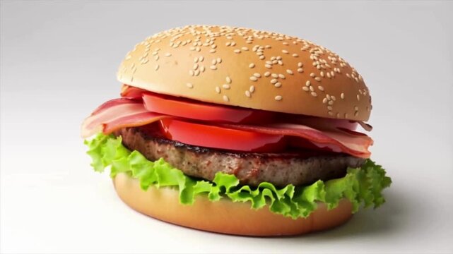 Cinematic Slow Motion of Deconstructed Burger Ingredients Assembling and Stacking on White Background