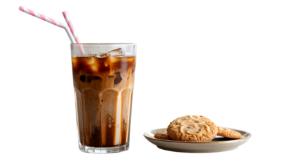Refreshing Iced Coffee with Pink Straws and Peanut Butter Cookies, Isolated on Transparent Background