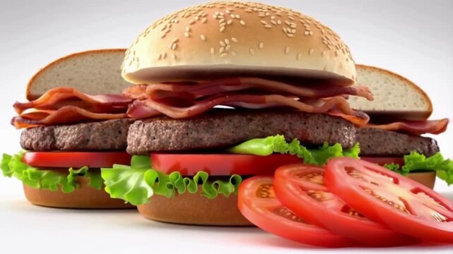 Cinematic Slow Motion of Deconstructed Burger Ingredients Assembling and Stacking on White Background