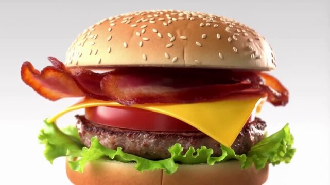 Cinematic Slow Motion of Deconstructed Burger Ingredients Assembling and Stacking on White Background