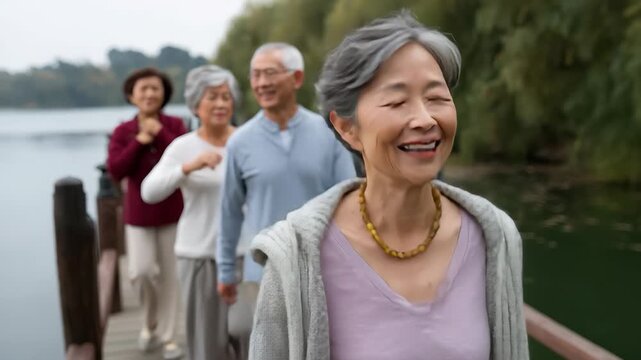 Seniors enjoying a leisurely stroll along a tranquil lakeside path in a park during a sunny afternoon