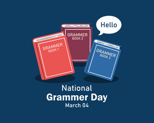 National Grammar Day. March 4, National grammar day celebration banner, card with multiple books in different colour. National grammar day simple and decent conceptual banner for the better learning.
