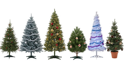 Six decorated Christmas trees in various styles and sizes.