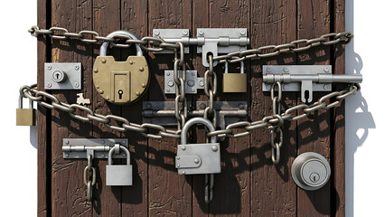 Impenetrable wooden door secured by multiple padlocks and robust chains, representing ultimate protection