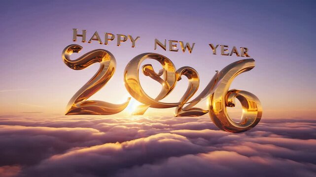 Happy new year 2026 golden 3d text floating above clouds at sunset sunrise