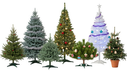 Various Decorated Christmas Trees in a Festive Display