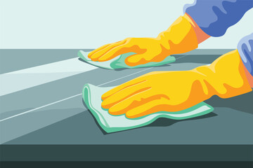 Hands cleaning surface with yellow gloves and mint cloths on gray.