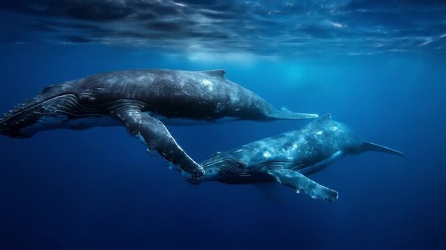 A larger whale and calf swim side by side in clear blue ocean sunlight dappling their bodies serene