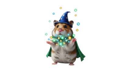 Cute Hamster Wizard Character in Blue Hat and Green Cape Casting Magic Spell isolated PNG with Transparent Background