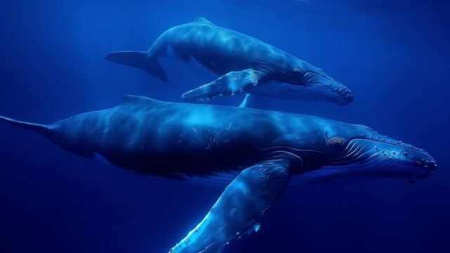 Underwater scene of three massive blue whales gliding through sunlit depths with graceful motion