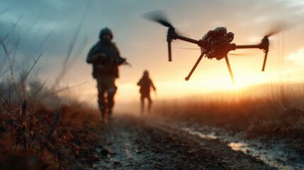 Silhouetted soldiers march through a dramatic landscape as a drone hovers overhead, symbolizing the intersection of technology and military strategy in modern warfare.