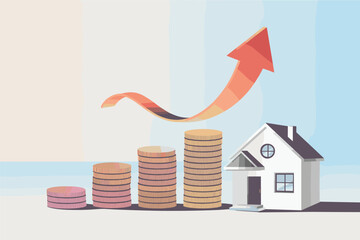 Rising home investment concept with coins, arrow, and white house illustration.