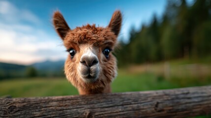 Fototapeta premium A close-up view of a curious alpaca peering through a wooden fence in a lush green pasture, evoking feelings of wonder and connection with nature's beauty.