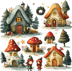 A cartoon vector illustration of a cozy Christmas gingerbread house in a snowy winter forest landscape