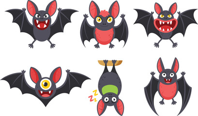 Naklejka premium Cartoon bat character set, cute expressions, spooky icons, Halloween theme, sleeping bat, cyclops, vector, isolated, fun, creature design