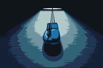 Single blue boxing glove hanging over spotlight on dark background.
