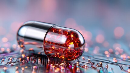 A visually striking red capsule resting on an abstract circuit board, representing themes of technology and health, suitable for medical and scientific applications or illustrations.