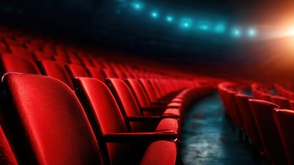 Fototapeta premium A striking image showing rows of empty red theater seats illuminated by dramatic lighting, evoking feelings of anticipation and the excitement of a performance waiting to start.