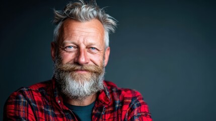 Obraz premium This portrait of a smiling bearded man in a flannel shirt captures warmth and approachability, showcasing authentic human connection and the charm of everyday style.
