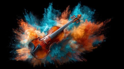 Fototapeta premium A stunning visual of a violin emerging from an explosion of colorful dust, representing the dynamic relationship between music and art, inviting creativity and passion.