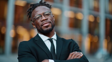 A sharply dressed man wearing glasses poses confidently outdoors, embodying professionalism and self-assurance against a beautifully blurred background of cityscapes at dusk.