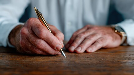 A close-up of a person's hands writing elegantly with a fountain pen on a rustic wooden table, highlighting the art of writing and the delicate craftsmanship of the pen.