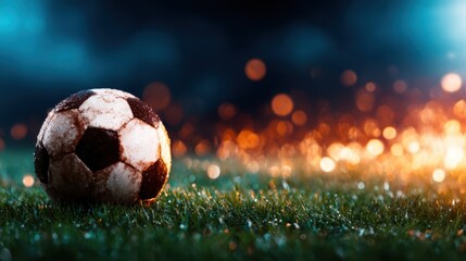 Fototapeta premium A weathered soccer ball on lush green grass, highlighted by magical bokeh lights, creating a nostalgic atmosphere perfect for sports enthusiasts and photographers alike.