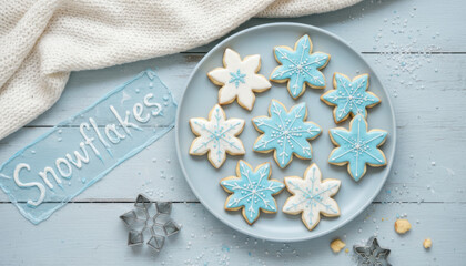 Festive snowflake cookies arranged on a plate with winter decorations and cookie cutters