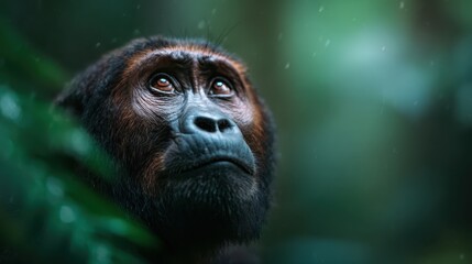 Fototapeta premium A striking portrait of a gorilla looking contemplatively into the distance, surrounded by lush greenery, highlighting the beauty and intelligence of wildlife in their natural habitat.