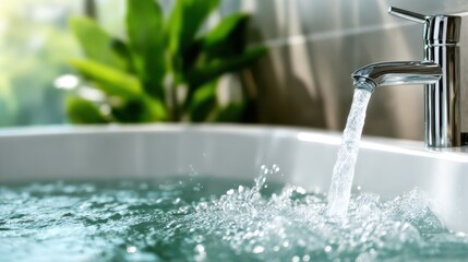 Water flows gracefully from a stylish faucet into a serene bathtub surrounded by greenery, creating a tranquil atmosphere perfect for relaxation and self-care moments.