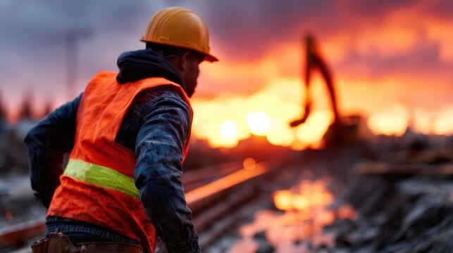 The silhouette of a hard-working construction worker stands against a breathtaking sunset, a testament to labor and perseverance amidst the splendor of nature's beauty.